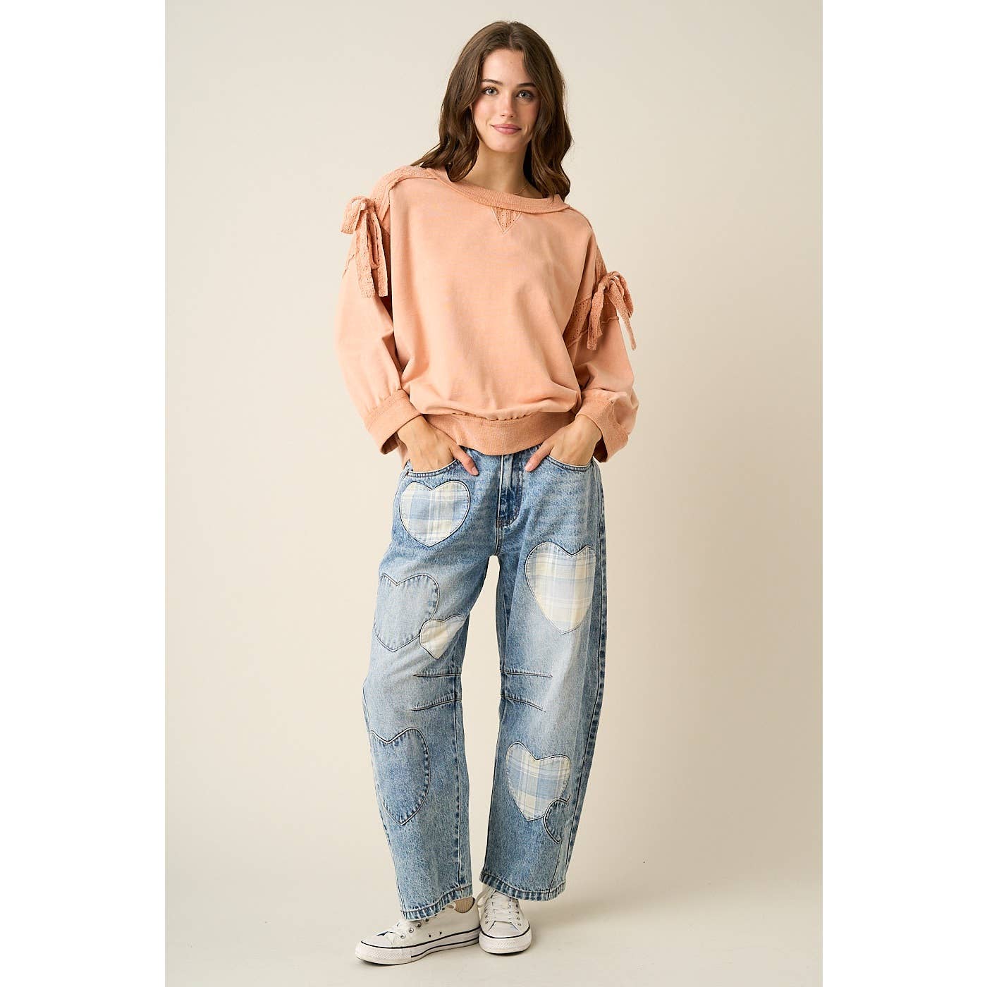 Plaid Heart Patch Barrell Jeans