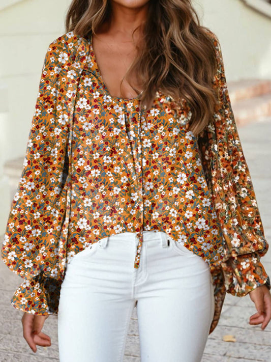 Boho Floral Ruffled Bubble Sleeve V Neck Fall Blouse