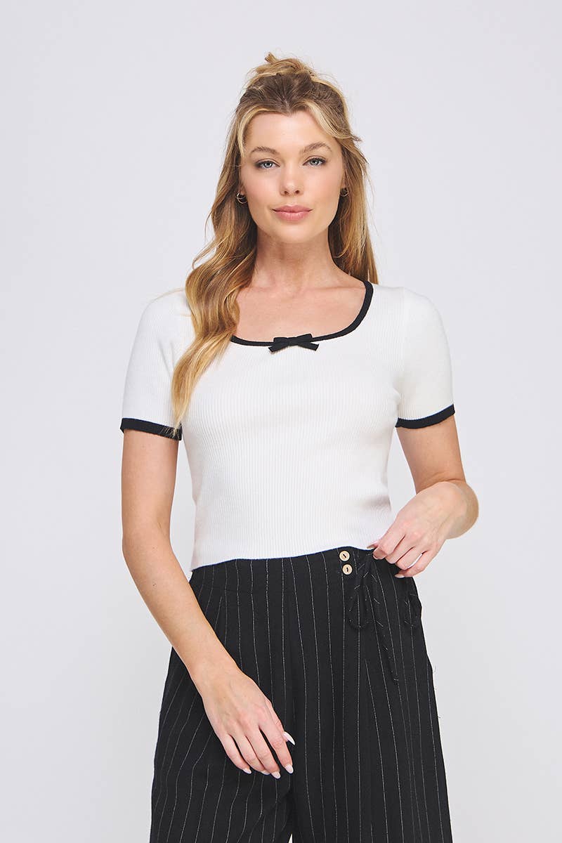 Ribbed Square Neck Bow Top