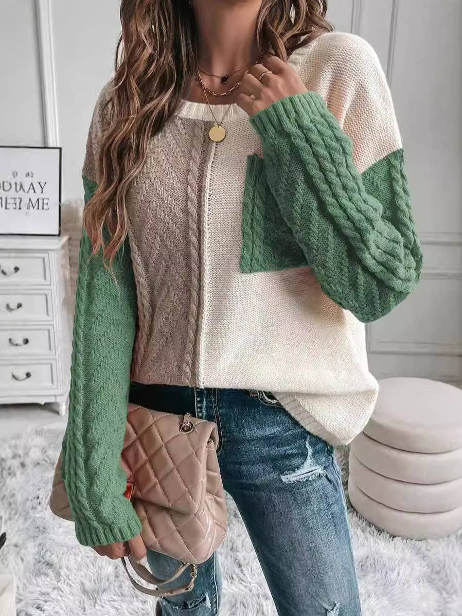Casual Patchwork Sweater w/ Pocket