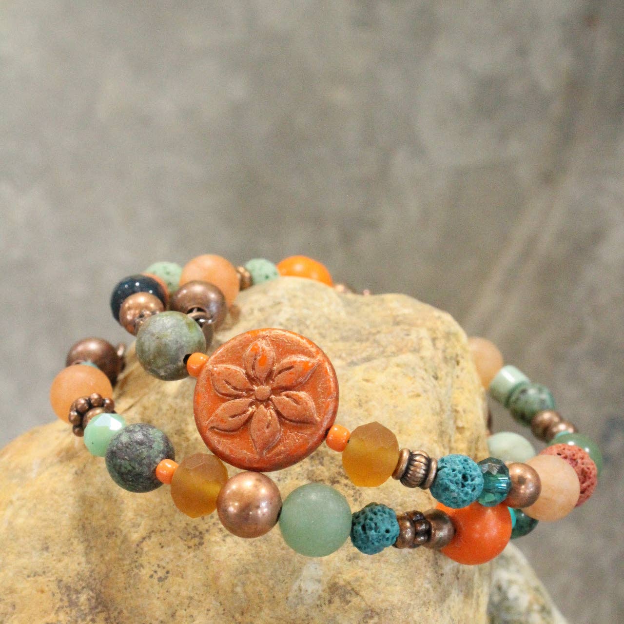 Turquoise Flower Coin Bead Wrap Bracelet