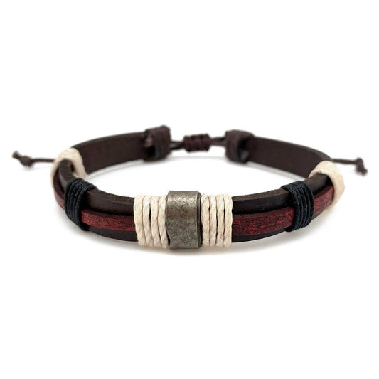 Aadi Red & Brown Leather Cream Twine Pull Tie Men's Bracelet