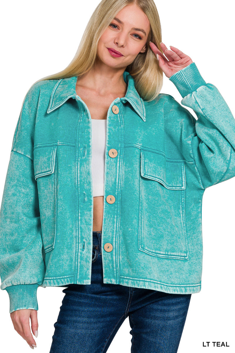 Acid Washed Fleece Crop Jacket w/ Pockets