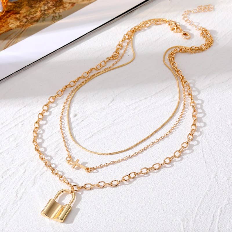 Gold Layered Cross & Lock Necklace