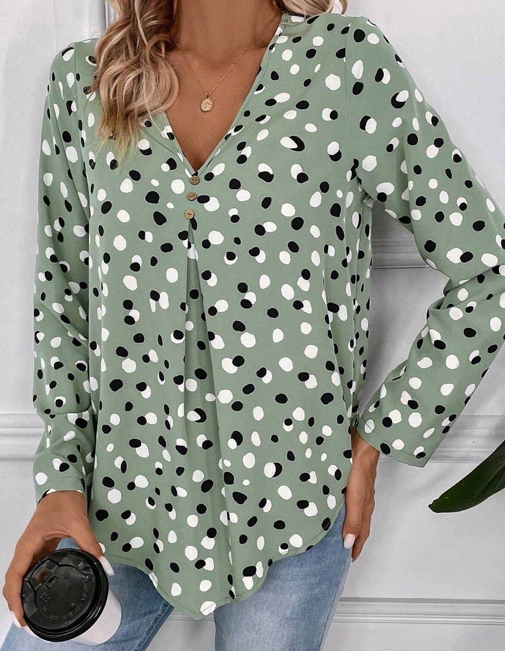 Dot Print Button Front V Neck Blouse