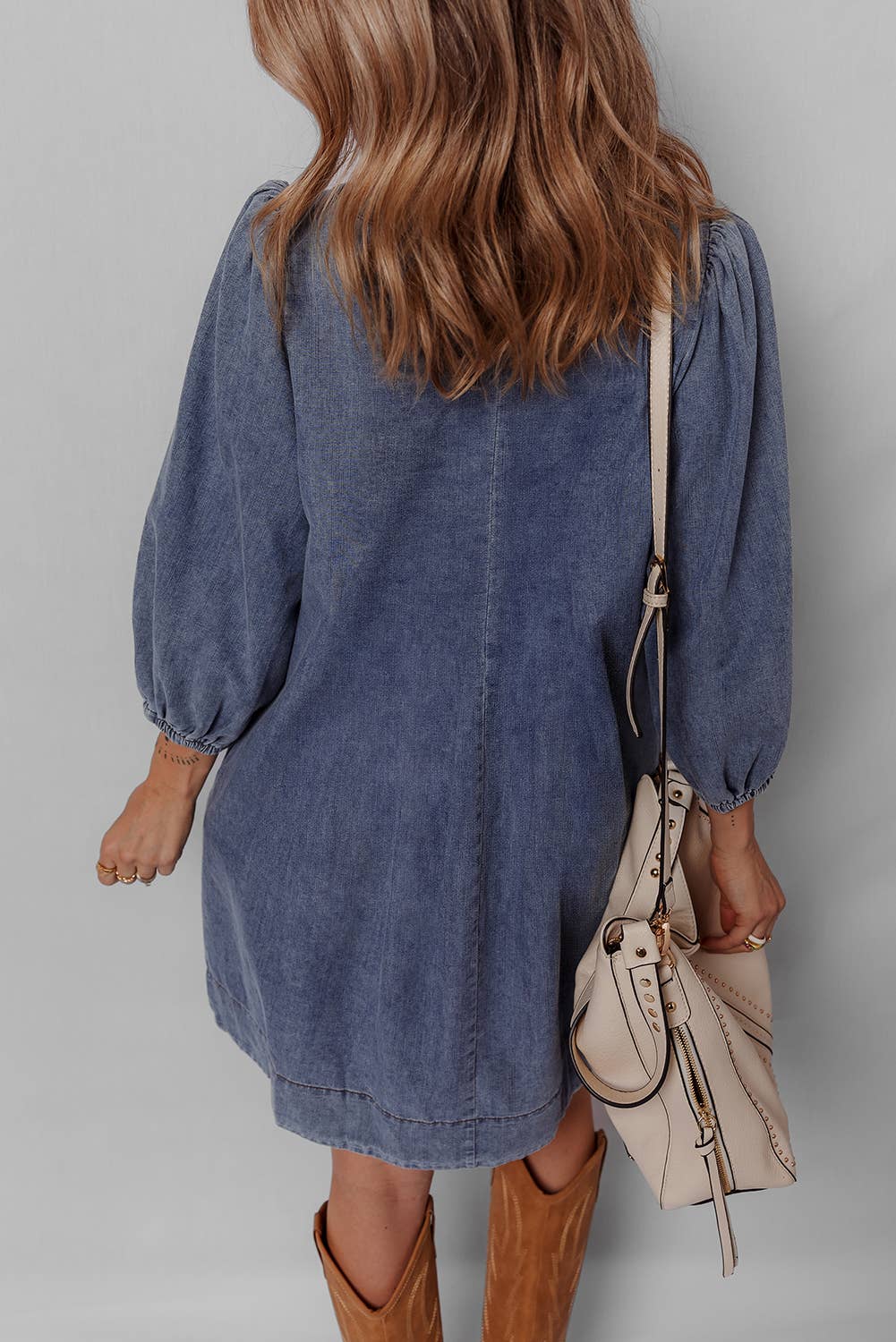 3/4 Sleeve Tied V Neck Pleated Denim Mini Dress