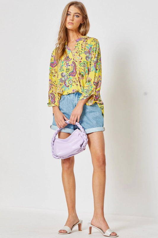 Yellow Multi Colored Paisley 3/4 Button Sleeve Top