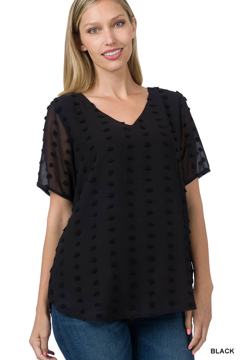 Swiss Dot Short Sleeve V-neck Round Hem Top