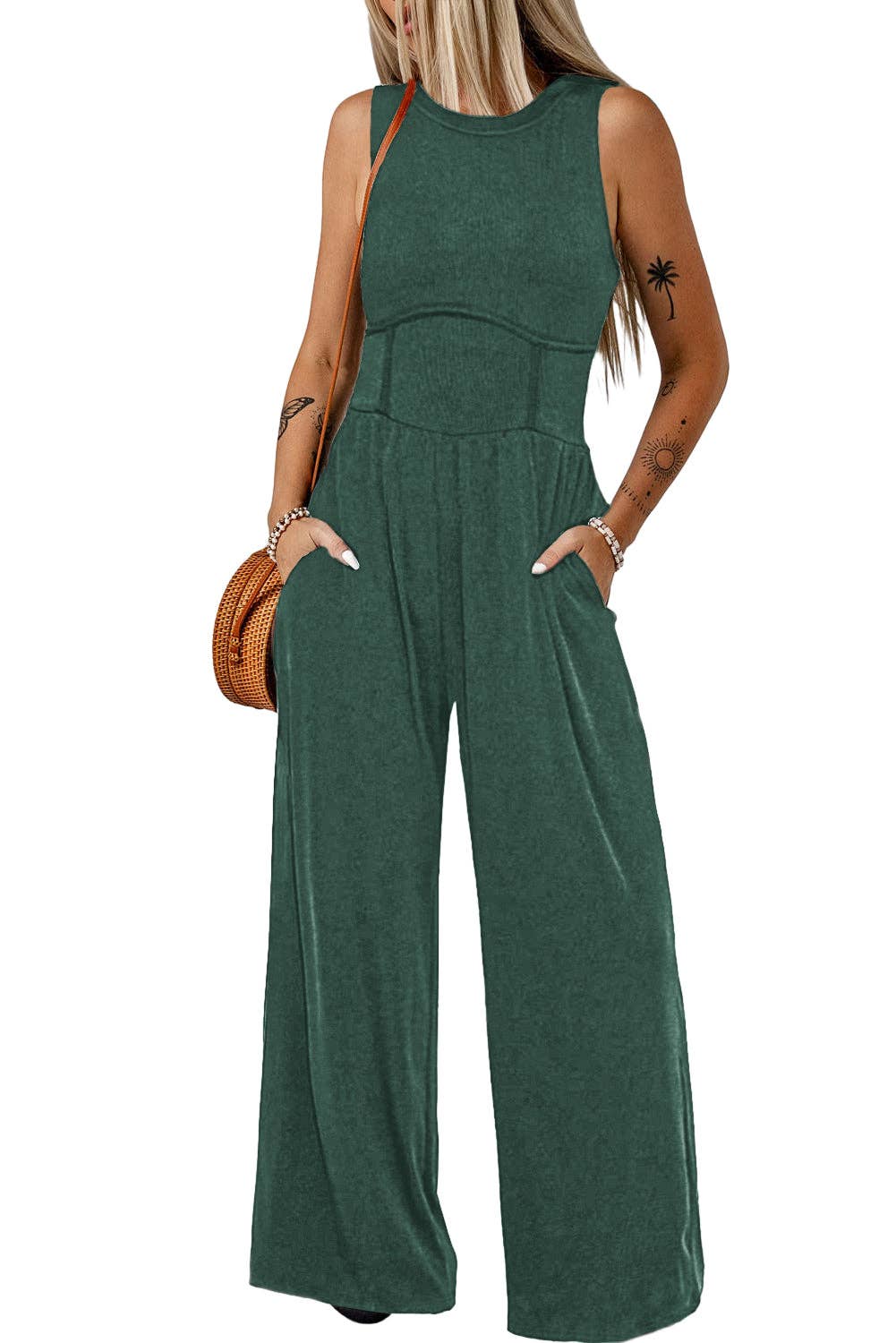 Green Cinched Waist Sleeveless Wide Leg Jumpsuit