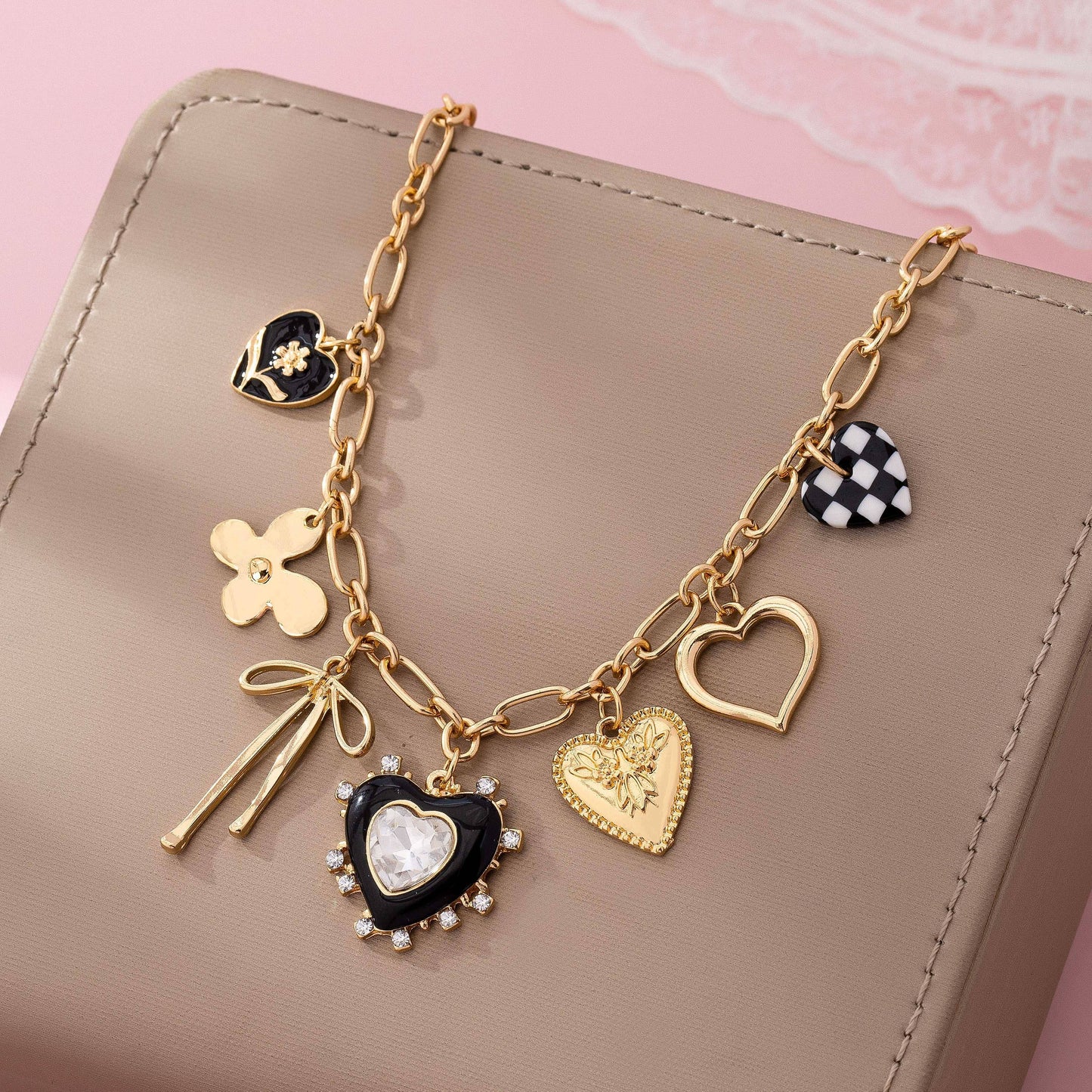 Playful Bow & Heart Charm Necklace
