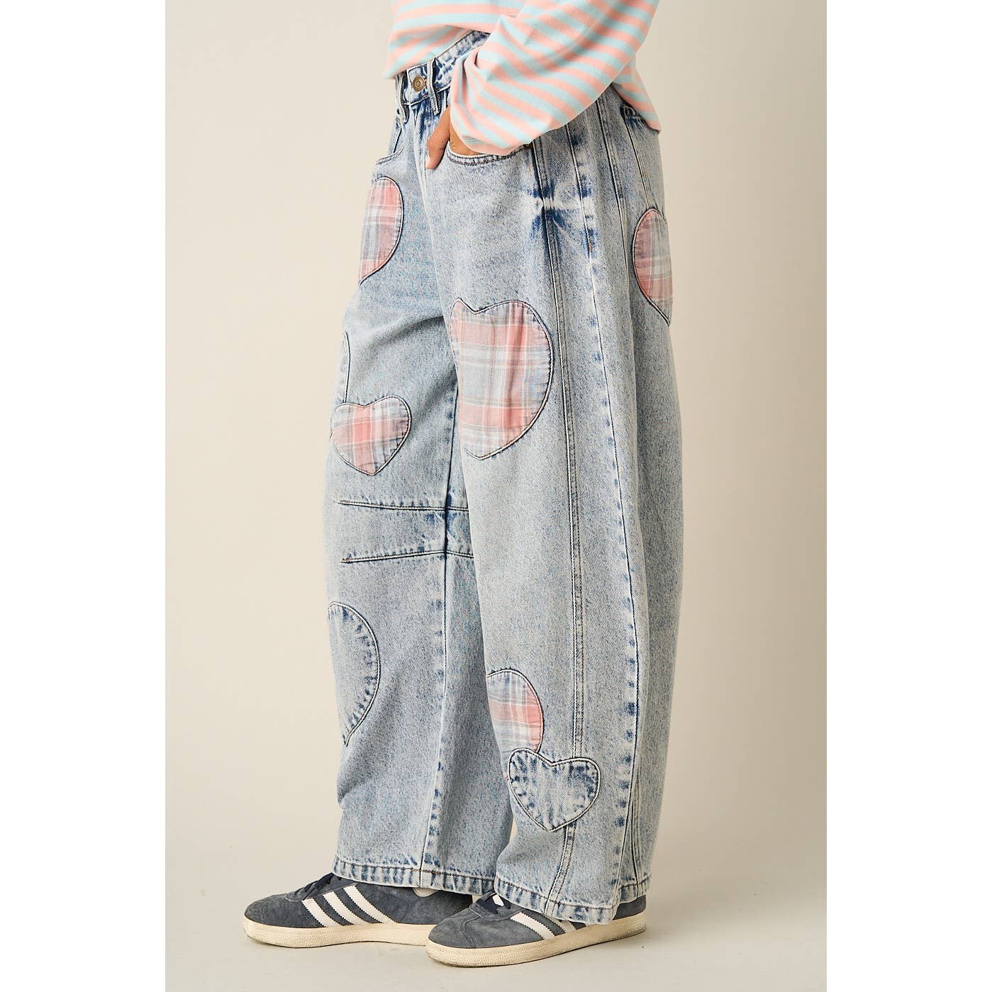 Plaid Heart Patch Barrell Jeans