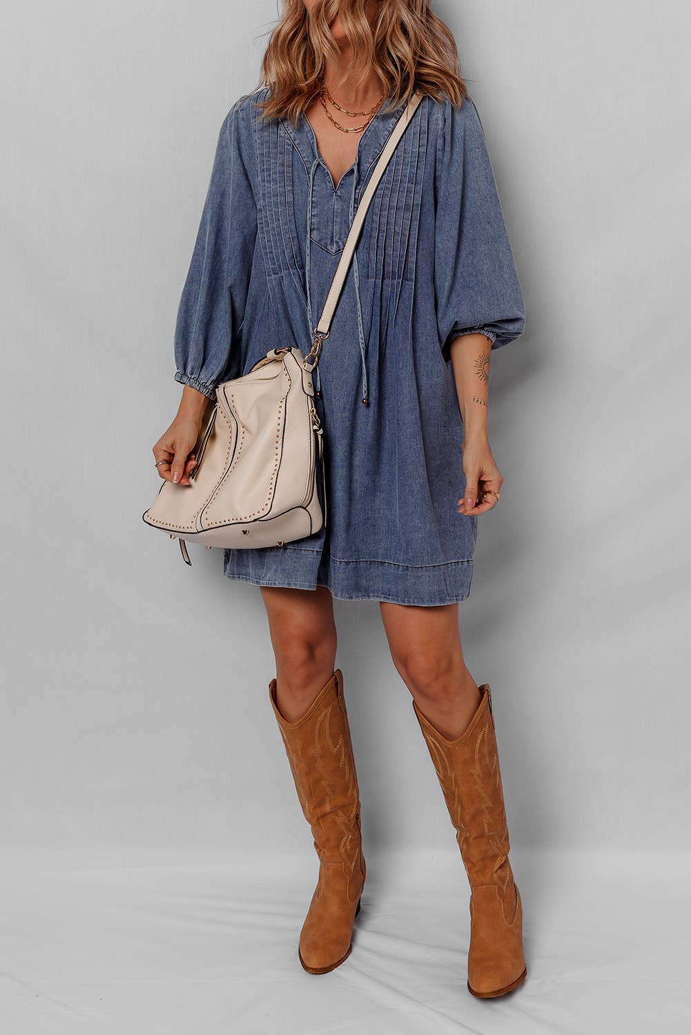 3/4 Sleeve Tied V Neck Pleated Denim Mini Dress