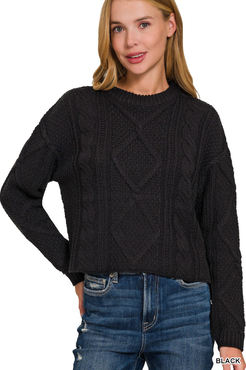 Cropped Hi Low Cable Knit Sweater