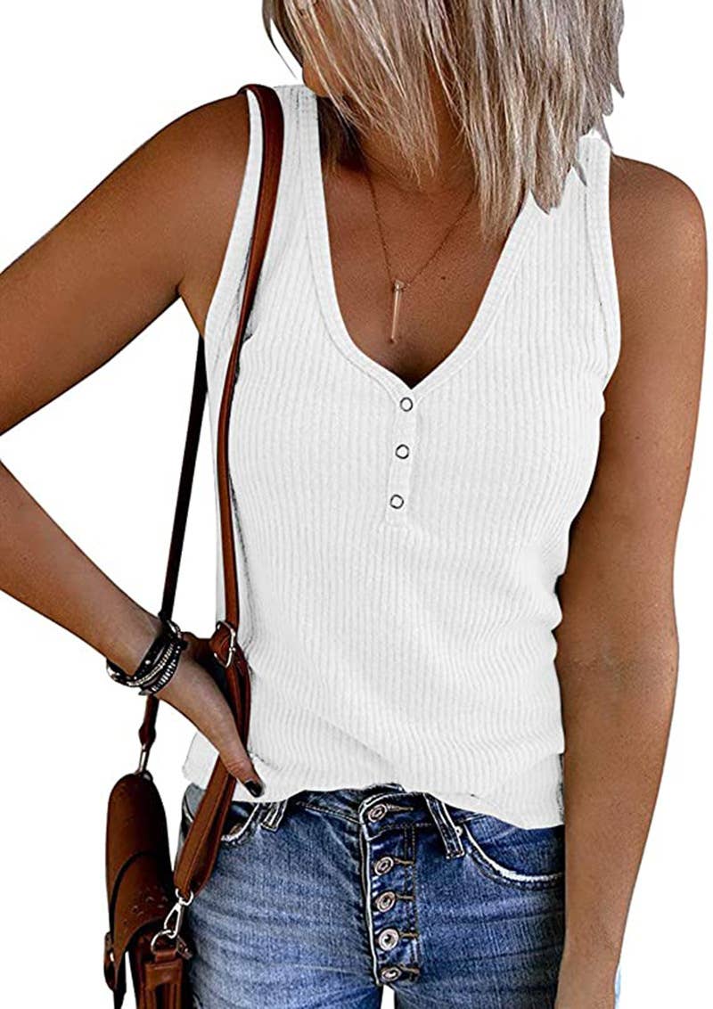 Fitted V-Neck Knit Button Tank