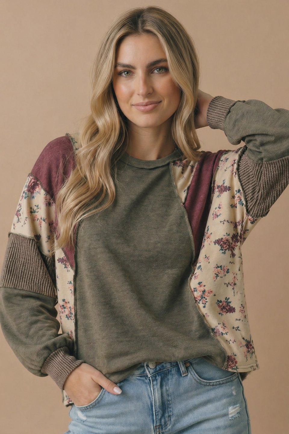 Plus Mixed Media Patchwork Pullover Knit Top