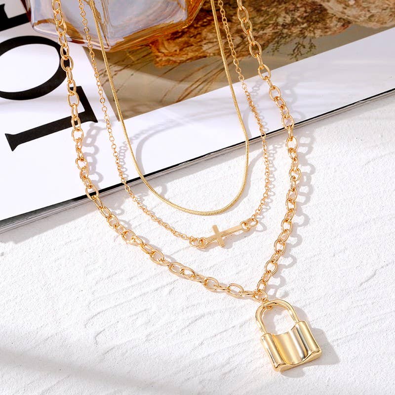 Gold Layered Cross & Lock Necklace