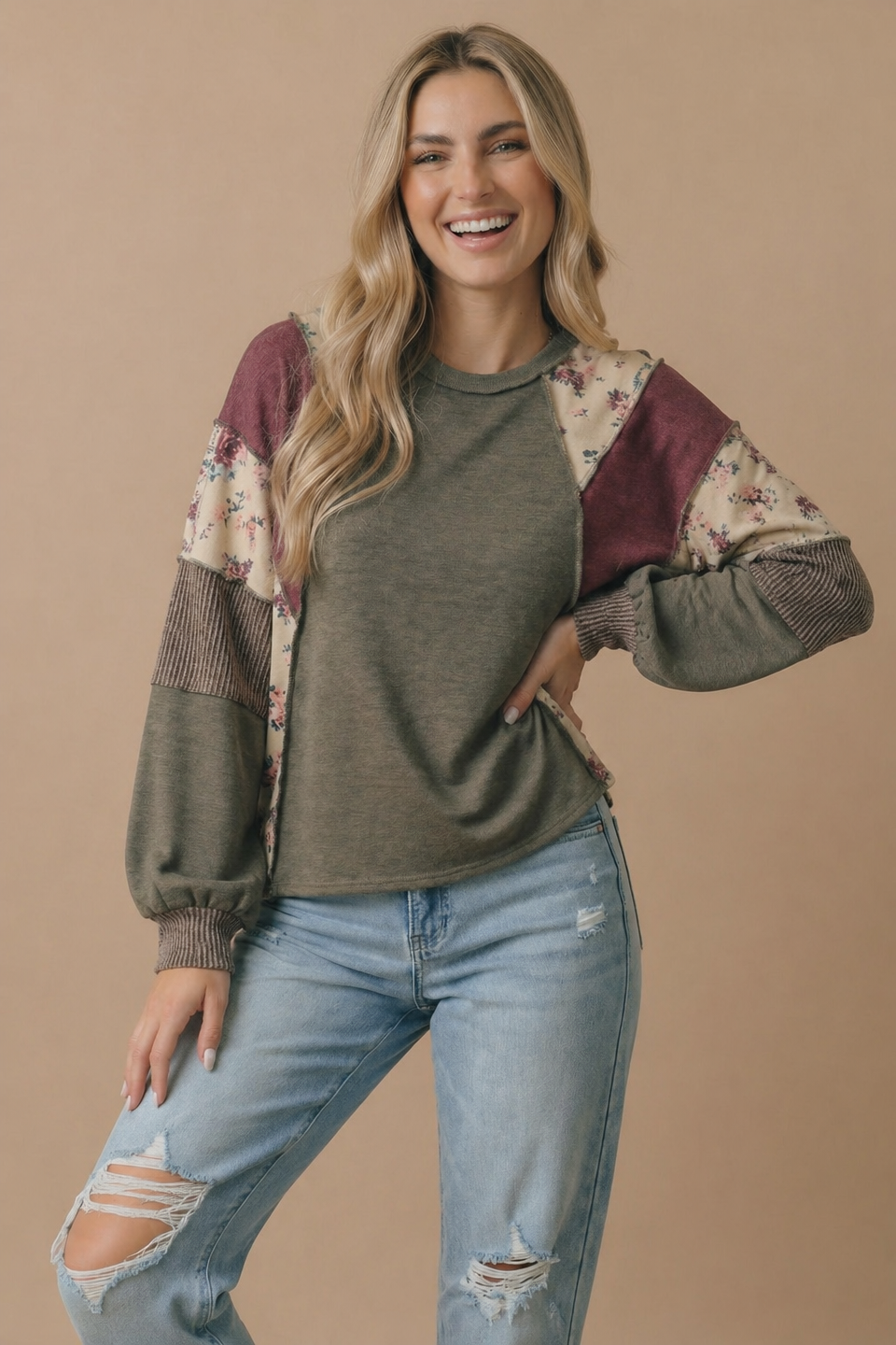 Plus Mixed Media Patchwork Pullover Knit Top