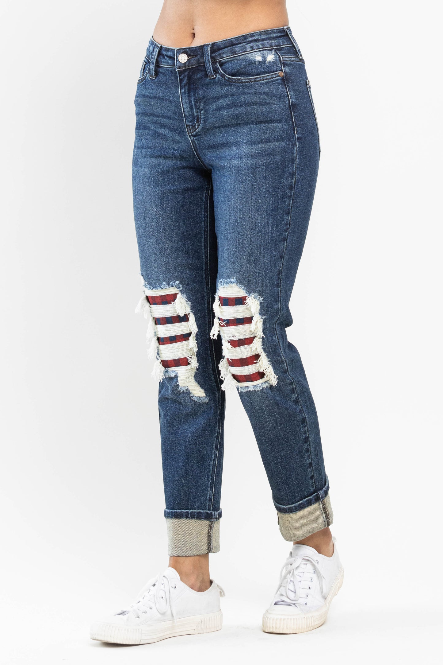 Judy Blue Mid Rise Buffalo Plaid Distressed Boyfriend Jeans