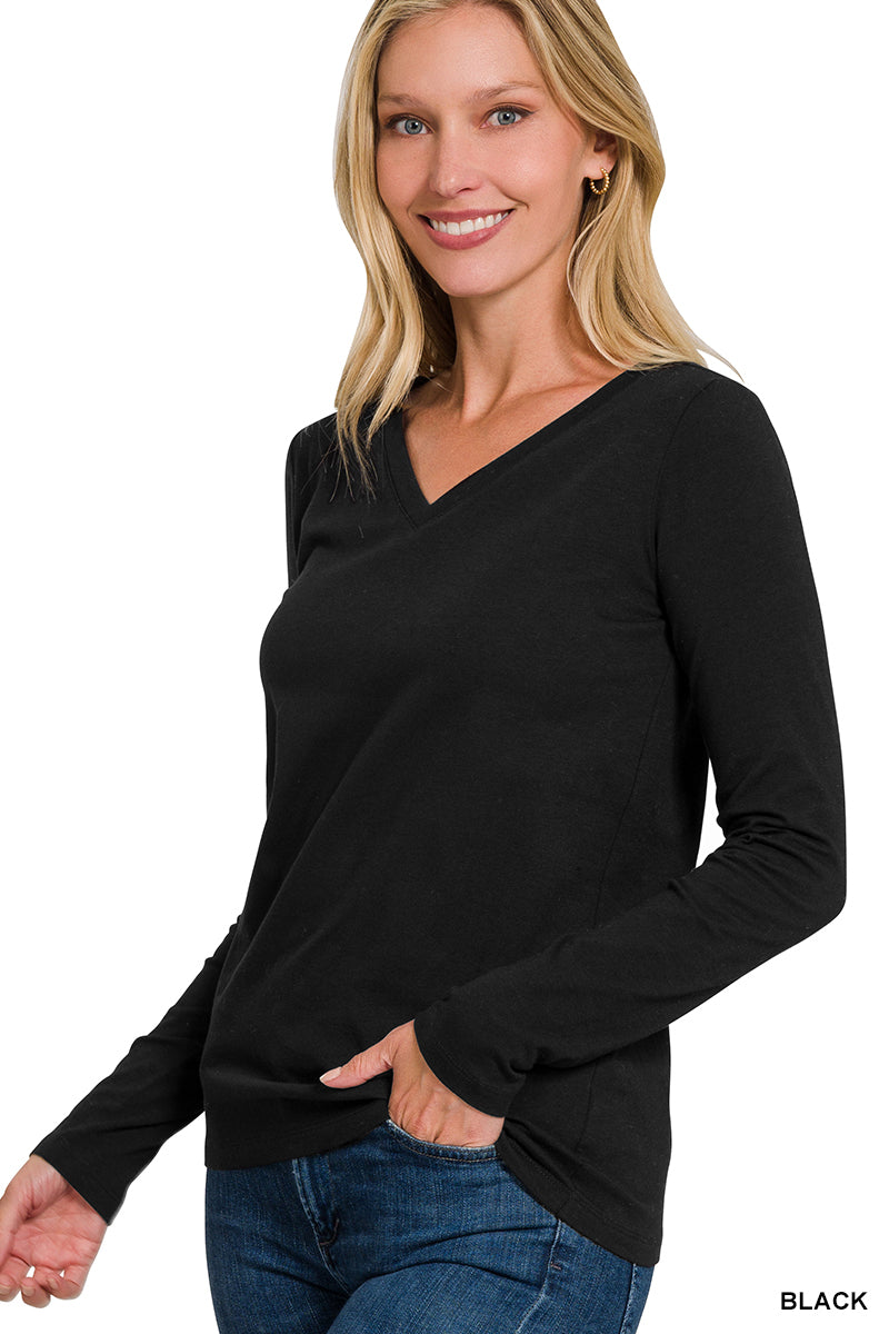 Cotton V-Neck Long Sleeve Tee