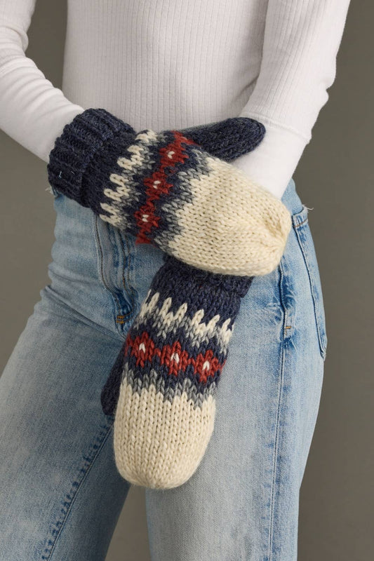 Cream, Blue, Red & Gray Mittens