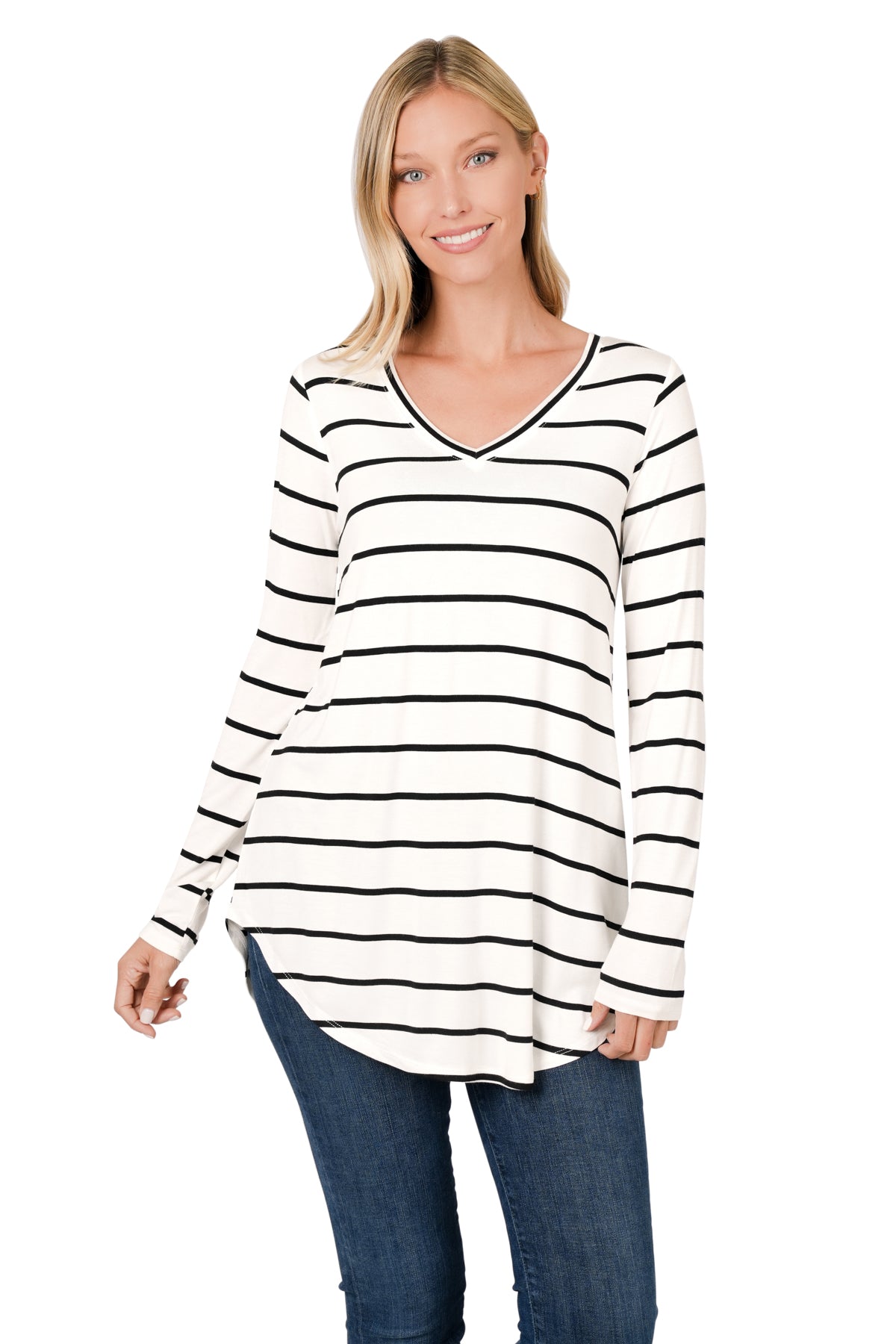 Striped V-Neck Long Sleeve w/ Dolphin Hem