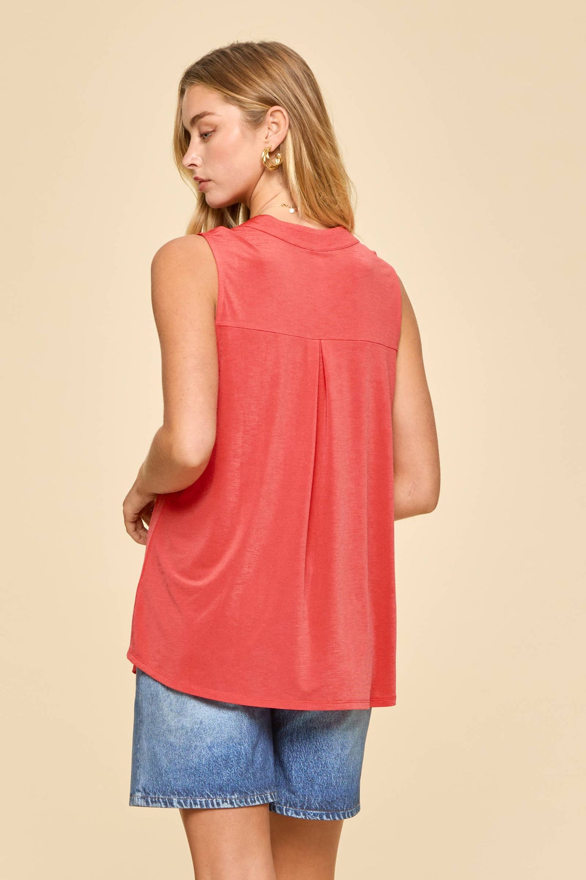 Solid Lizzy Mandarin Collar Sleeveless Top