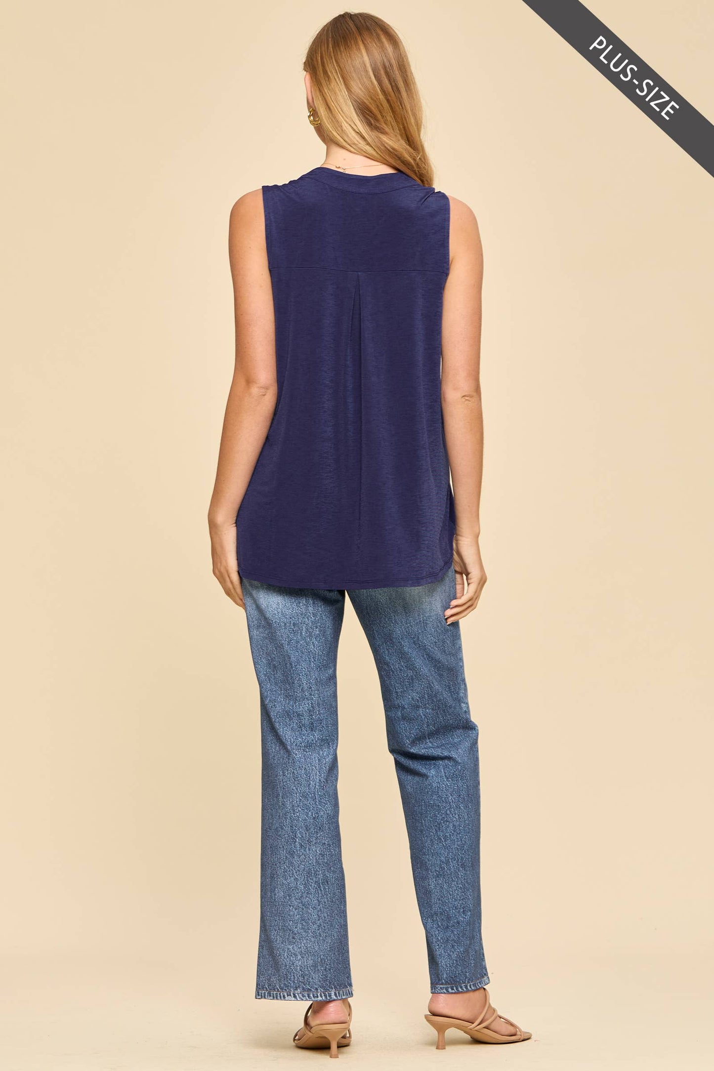 Plus Size Solid Lizzy Mandarin Collar Sleeveless Top