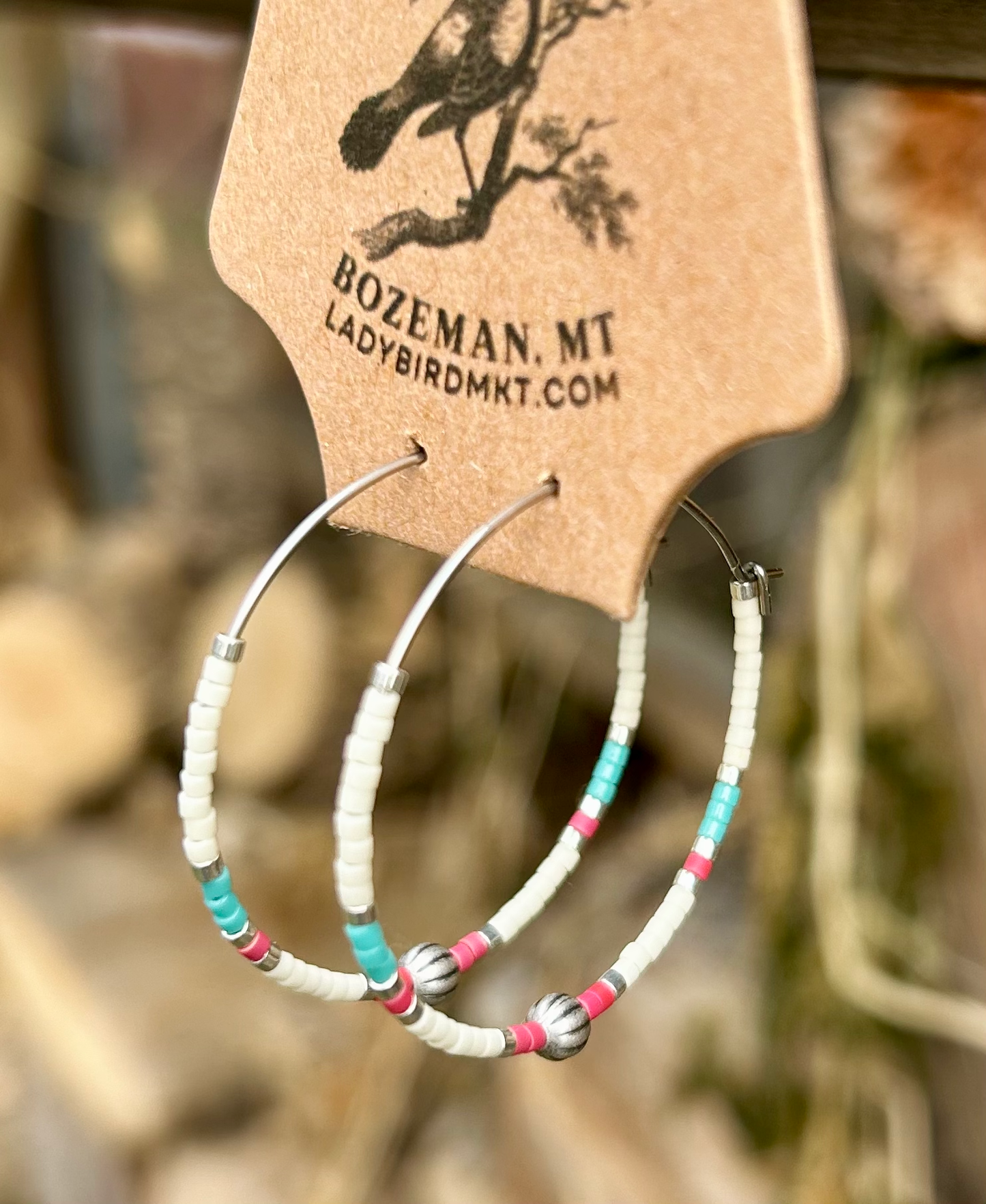 White, Pink, Turquoise Southwest-Pattern Beaded Hoop Earrings