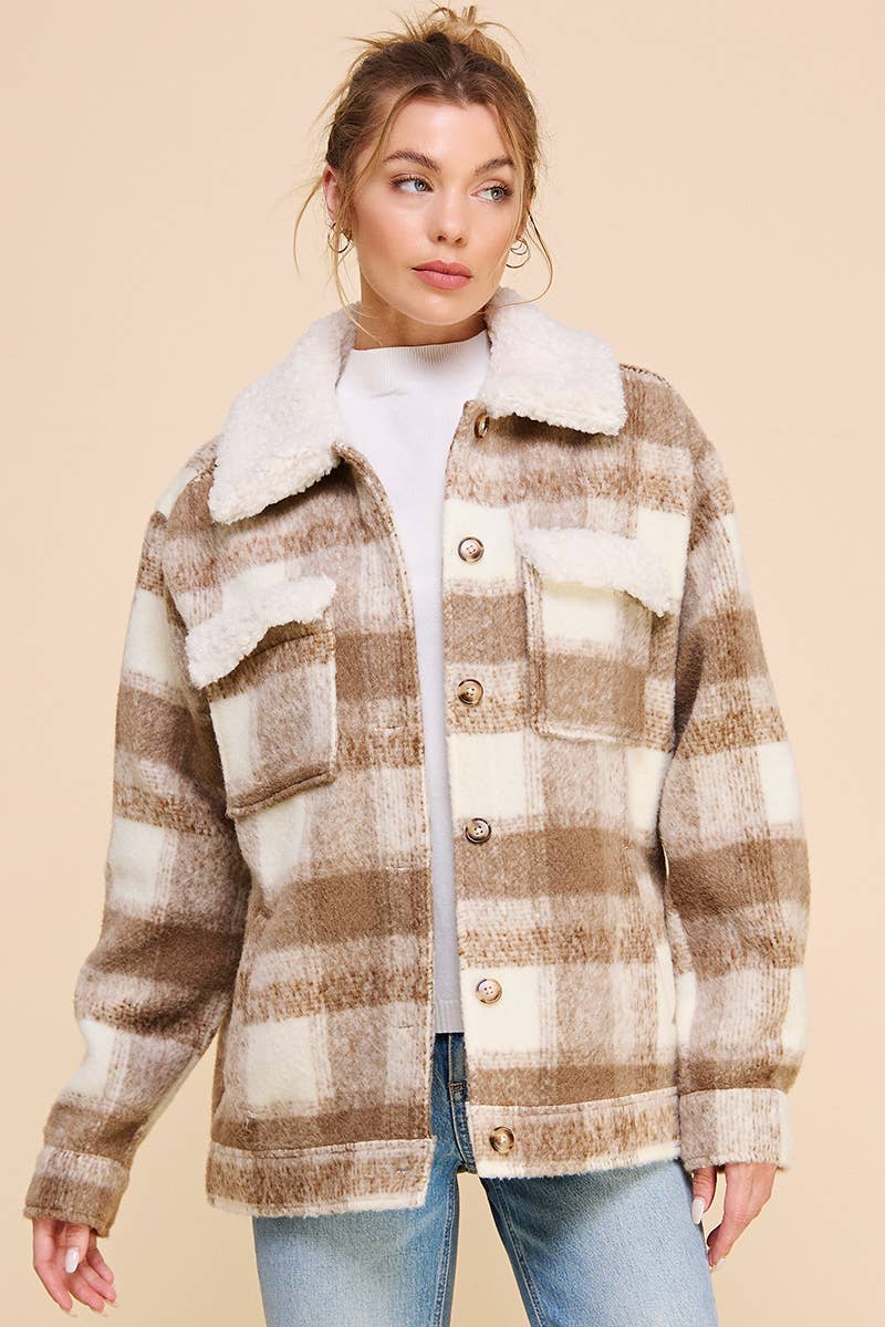Plaid Shirt Jacket with Teddy Collar