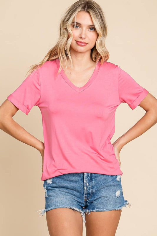 Solid V-Neck Roll Up Short Sleeve Top