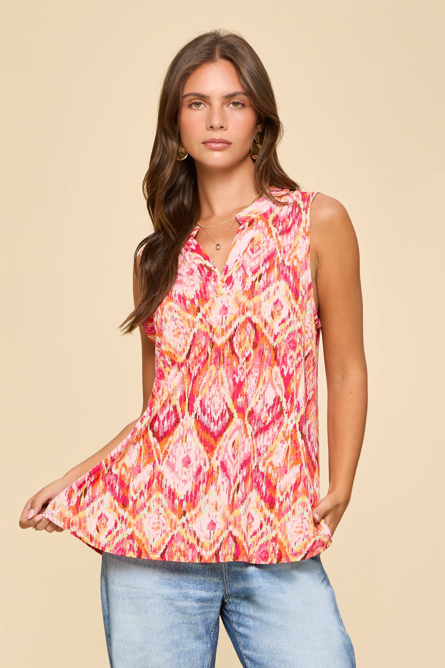Colorful Diamond Print Coral Sleeveless Top