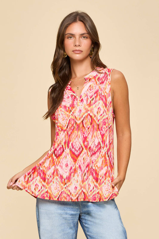 Colorful Diamond Print Coral Sleeveless Top