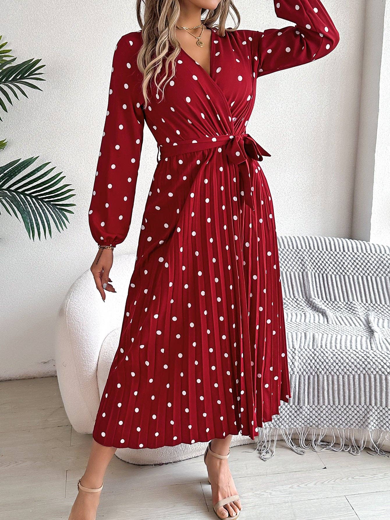 Elegant Polka Dot Cross-Over V-Neck Pleated Midi Dress