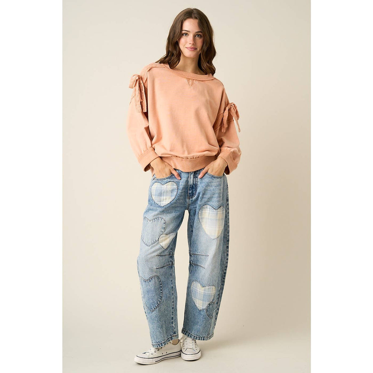 Plaid Heart Patch Barrell Jeans