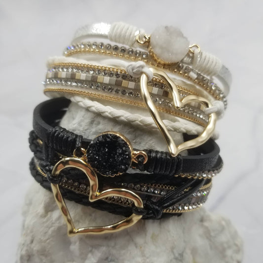 Crystal Heart & Leather Magnetic Snap Bracelet