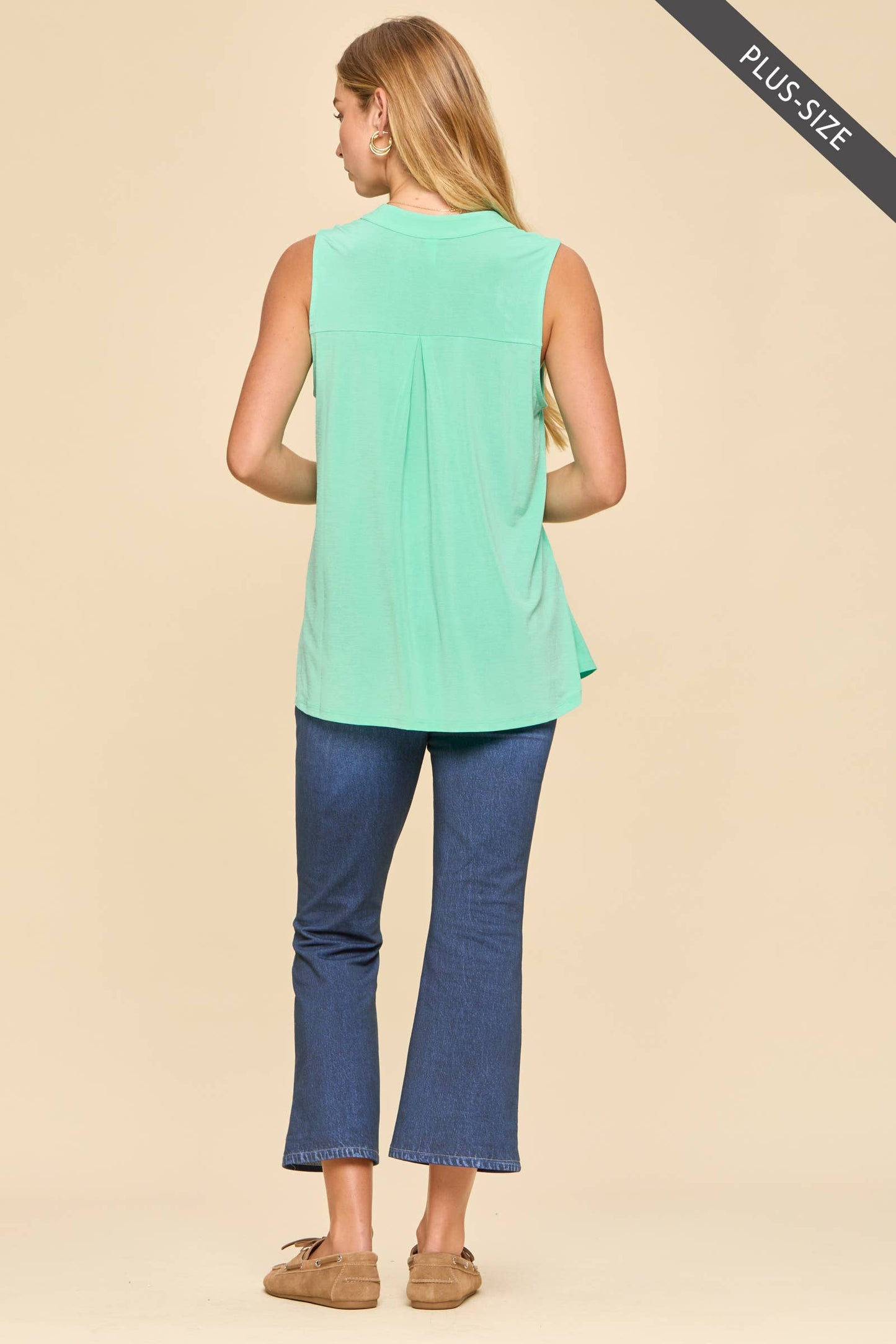 Plus Size Solid Lizzy Mandarin Collar Sleeveless Top