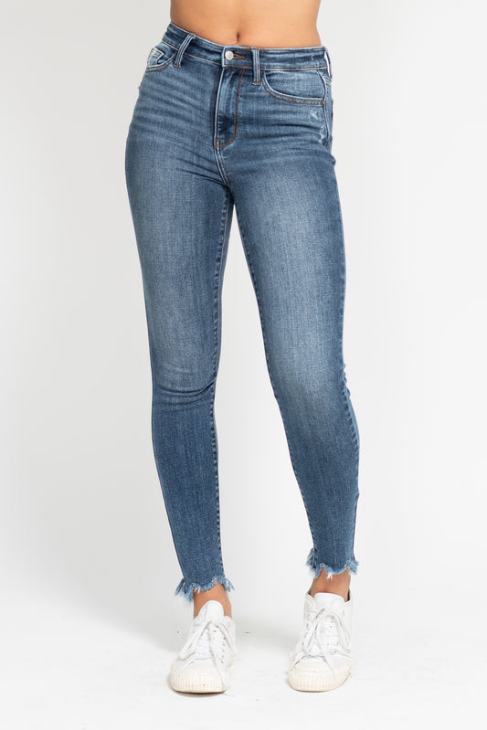 Judy Blue HW Skinny Jeans w/ Shark Bite Hem