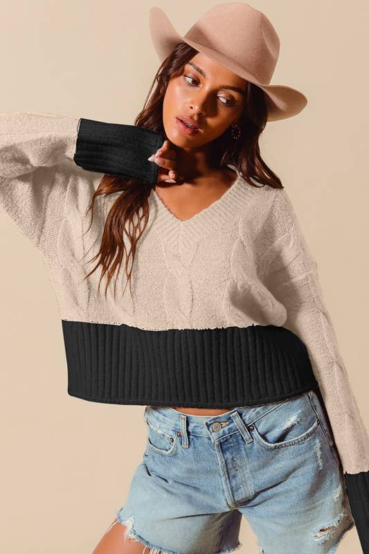 Cable Knit V Neck Crop Sweater