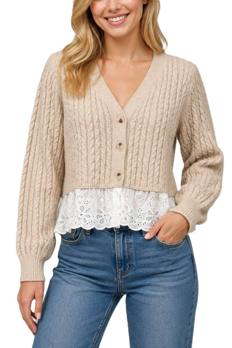 Lace Trimmed Cable Knit Cardigan