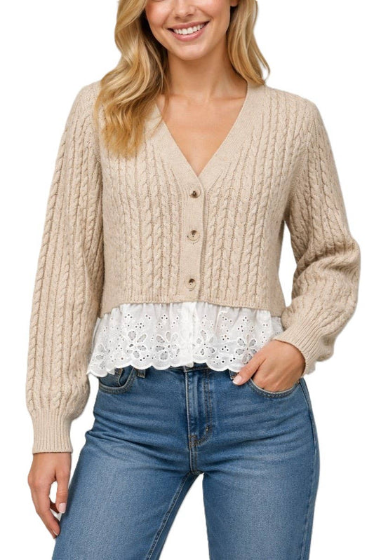 Lace Trimmed Cable Knit Cardigan
