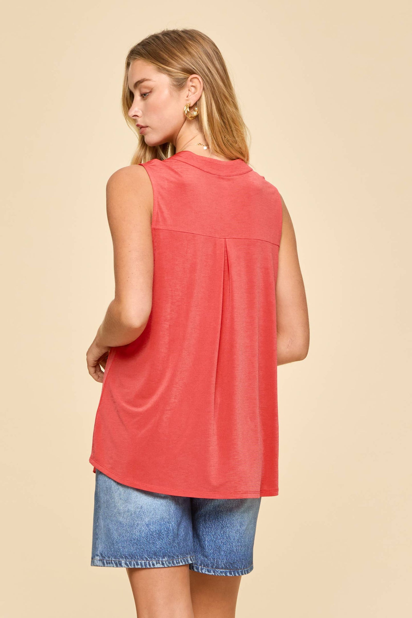 Solid Lizzy Mandarin Collar Sleeveless Top