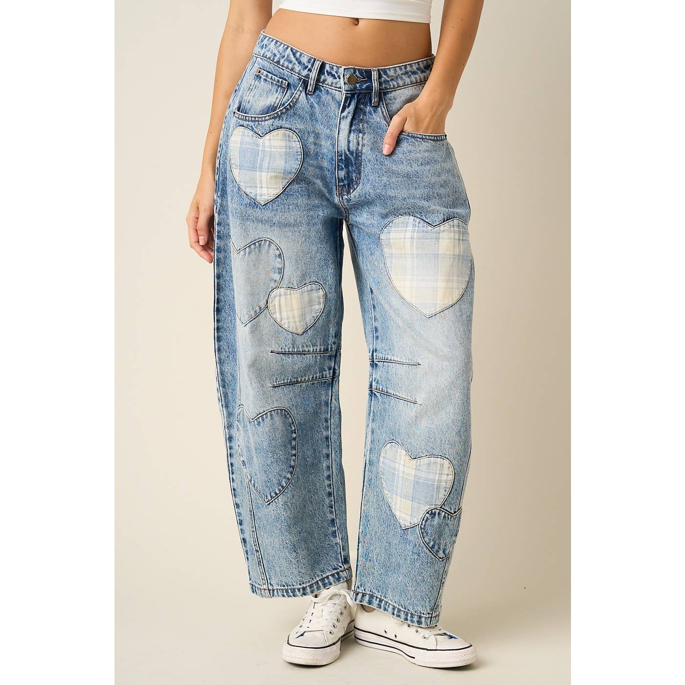 Plaid Heart Patch Barrell Jeans