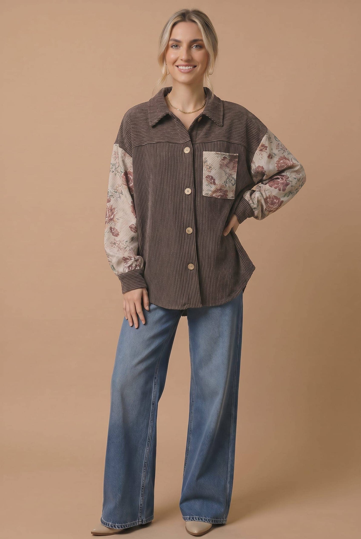 Plus Floral Sleeve Waffle Knit Button-Up