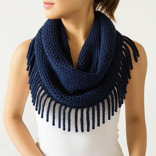 Dark Blue Tube-Style Scarf with Fringe