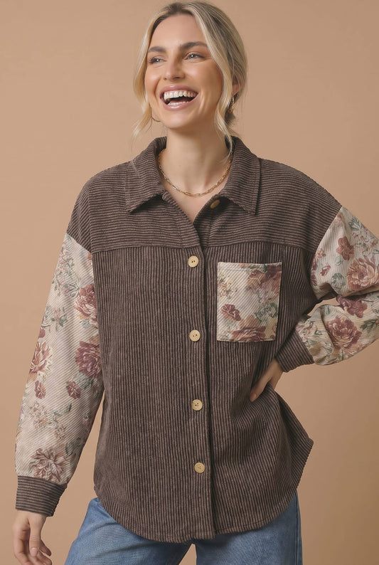 Floral Sleeve Waffle Knit Button-Up
