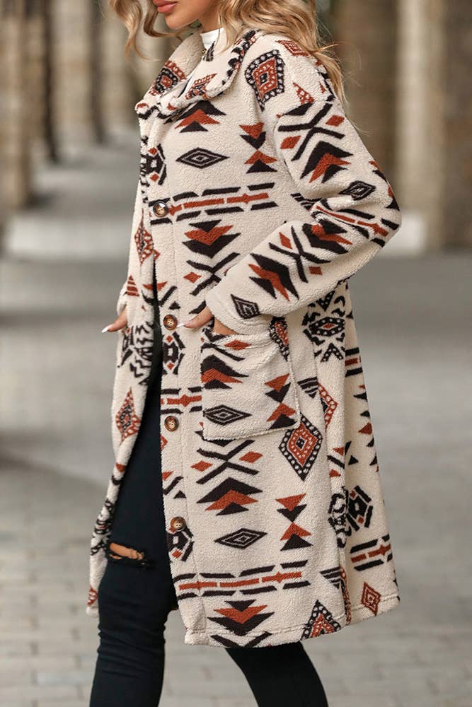 Aztec Print Button Up Long Length Fleece Jacket