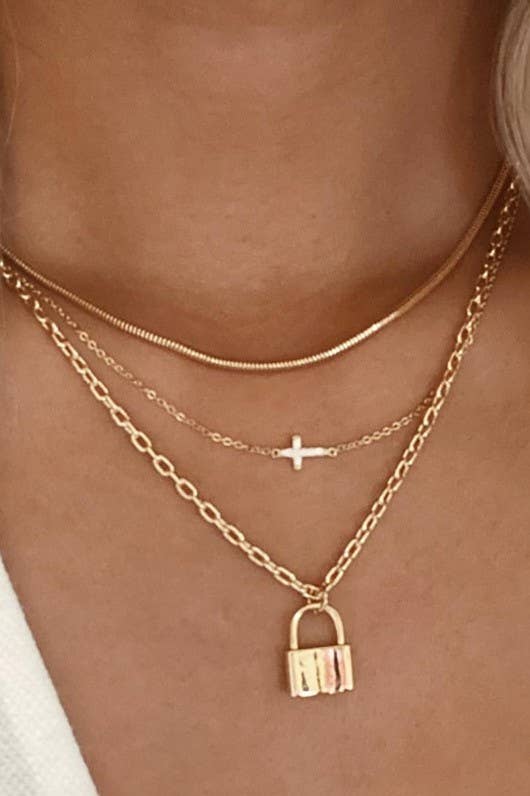 Gold Layered Cross & Lock Necklace