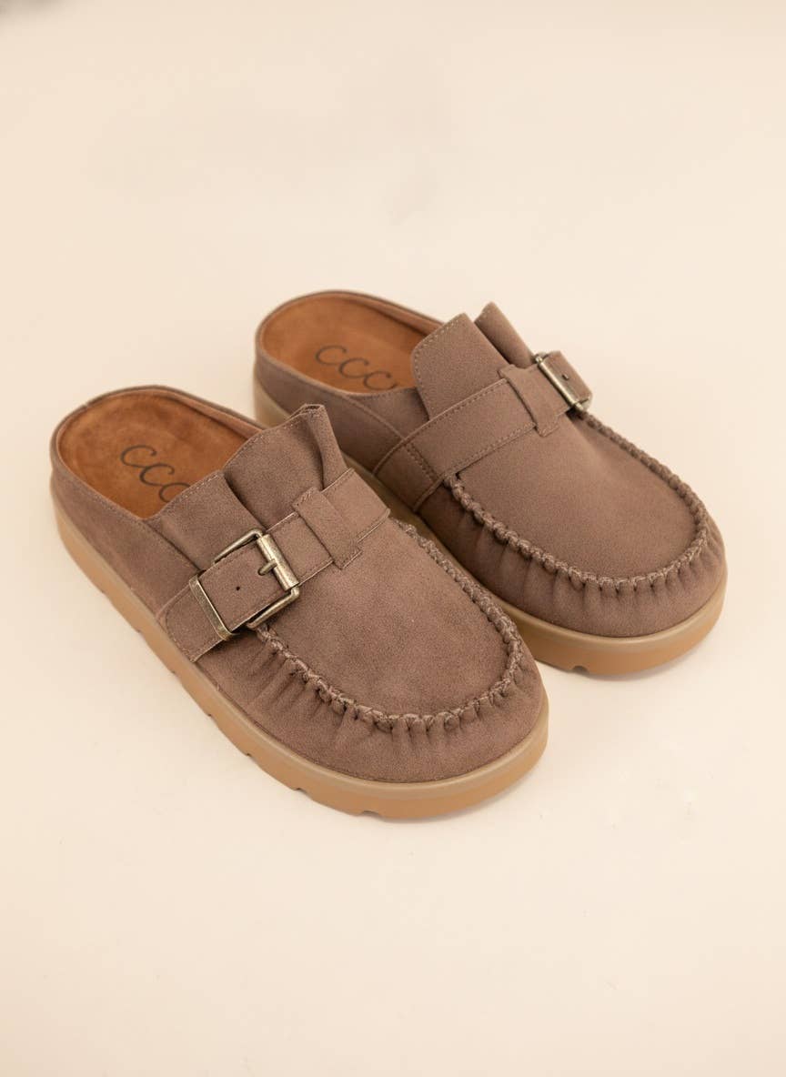 Suede Buckle Platform Mules