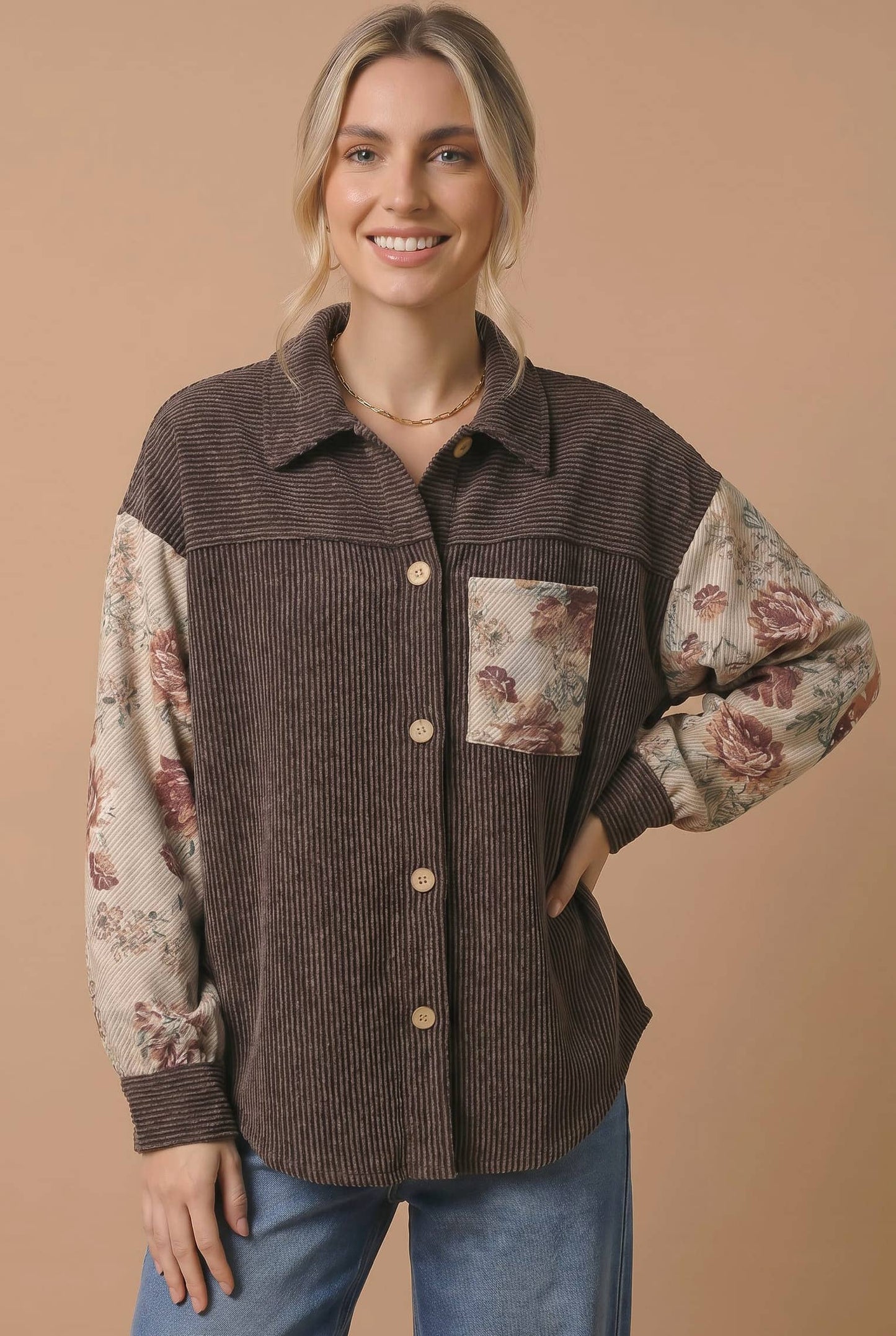 Plus Floral Sleeve Waffle Knit Button-Up