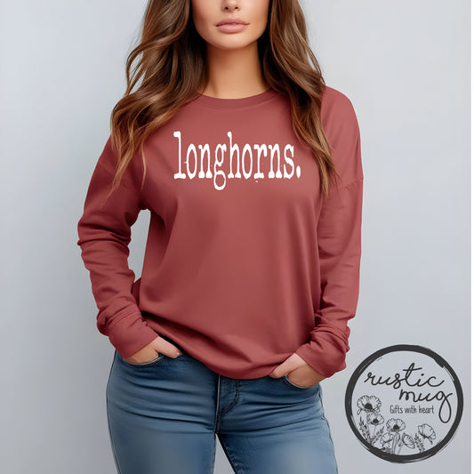 Longhorns. Typeset Long Sleeve Comfort Color Tee